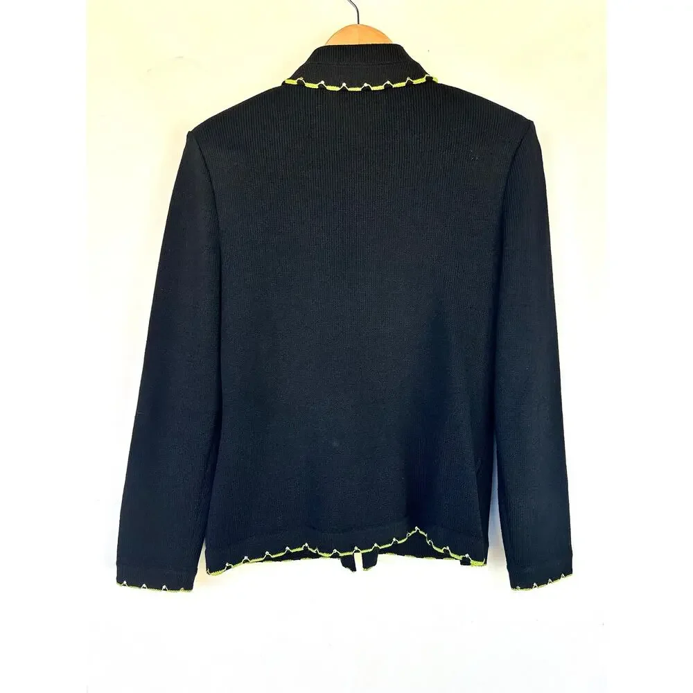 St. John Black Military Jacket Santana Knit Zip Gold Buttons Sweater Preppy 2